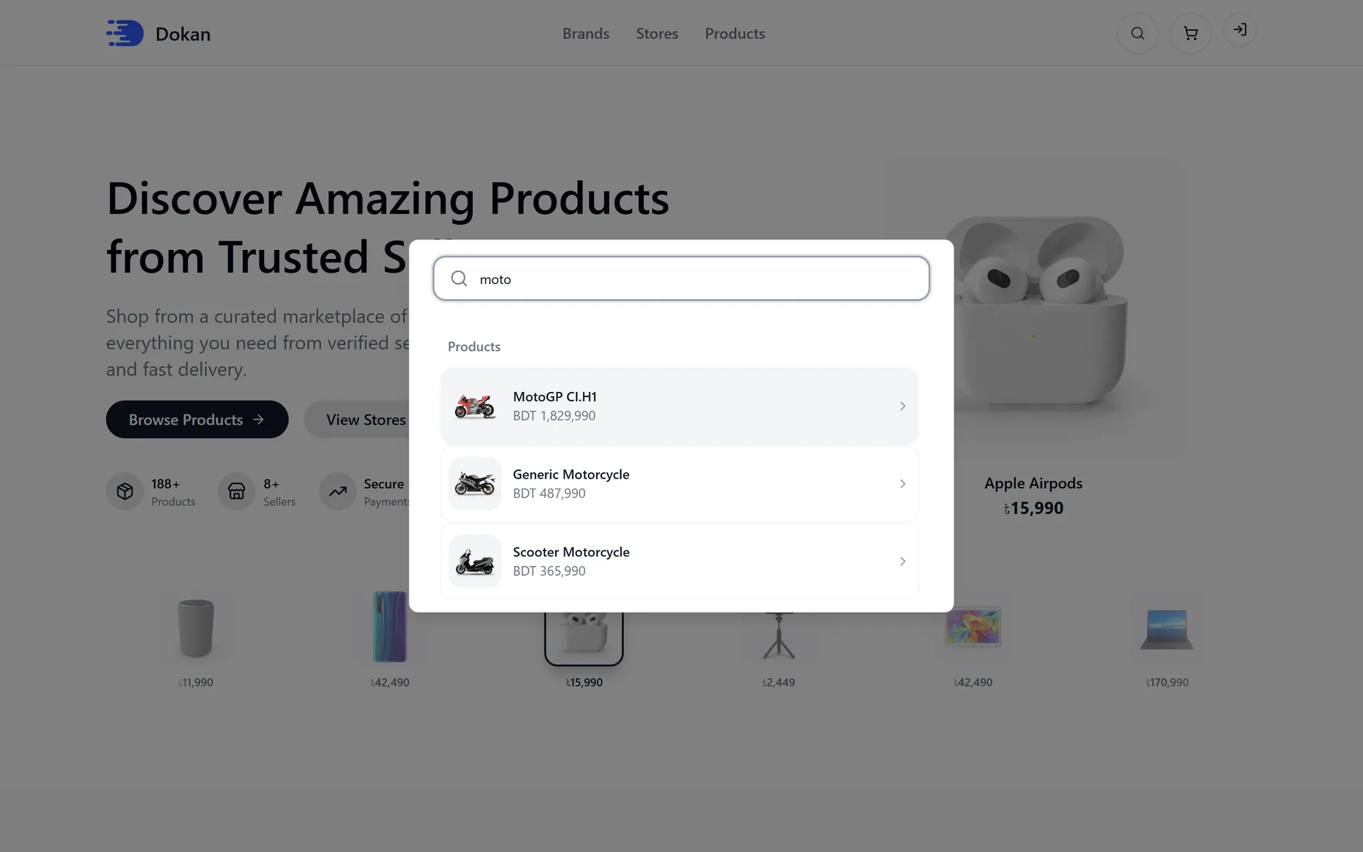 Global search across products, stores, categories and brands.