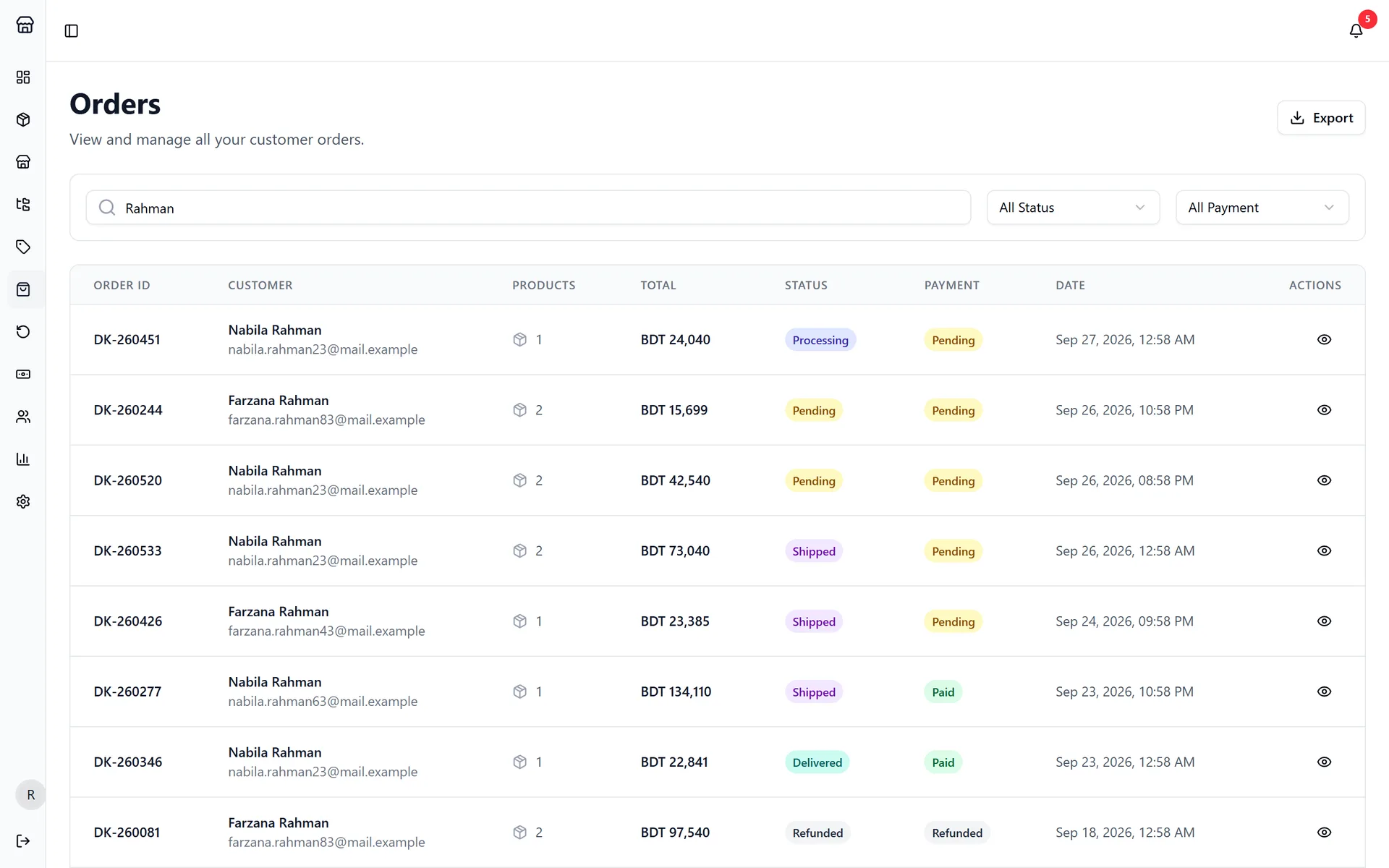 Seller orders, filterable by order and payment status.