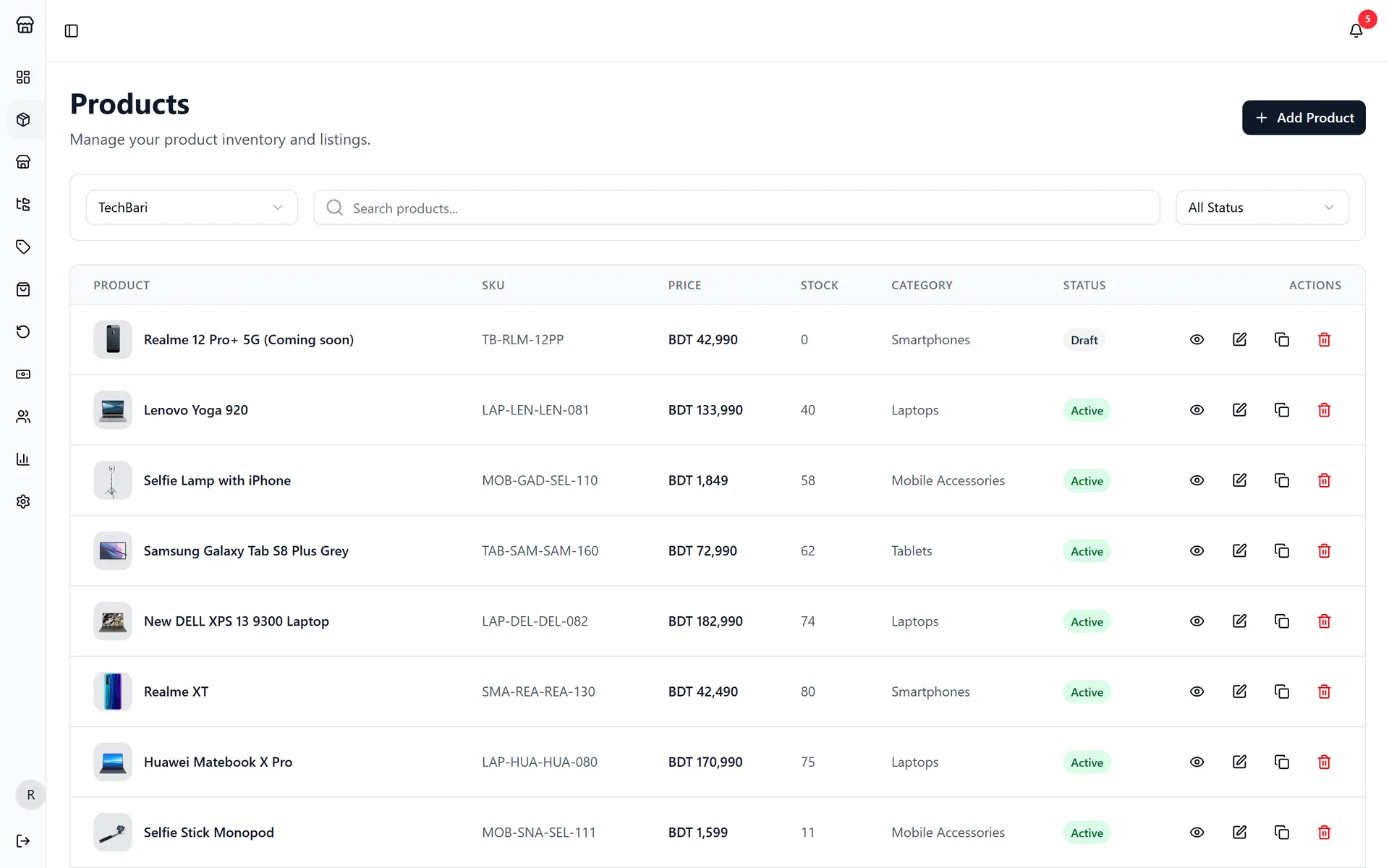 The seller's catalogue with prices, stock and status.