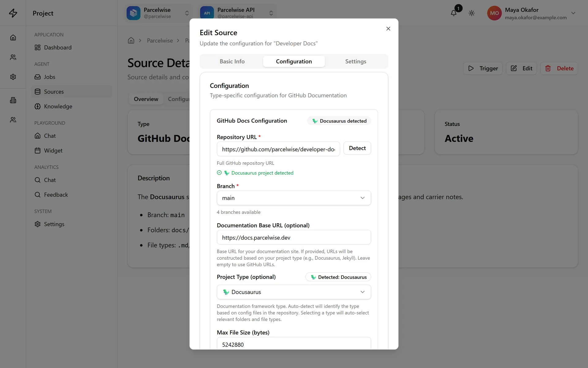 The same source's settings: repository, branch, docs base URL and project type.