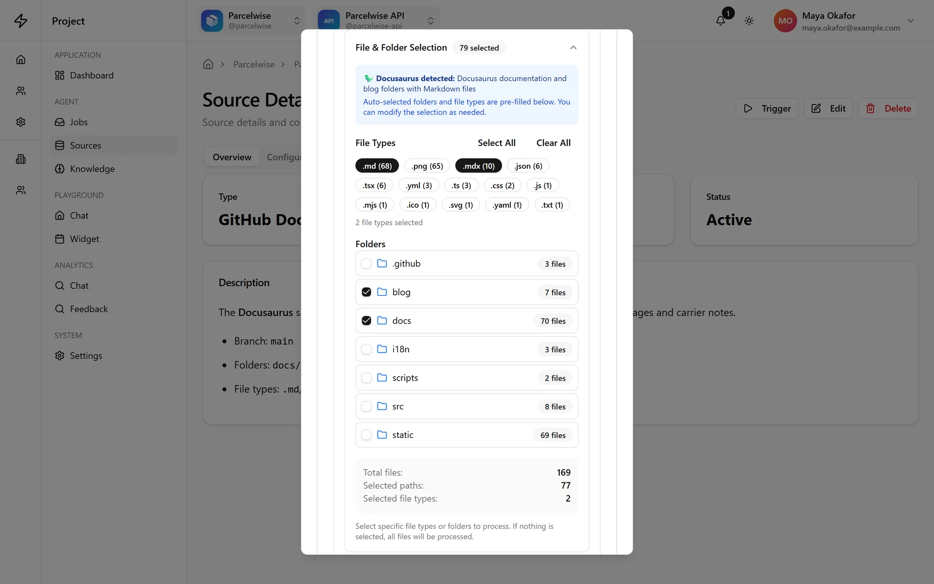 Adding a GitHub docs source: Docusaurus is detected, and the docs folders and file types are picked for you.