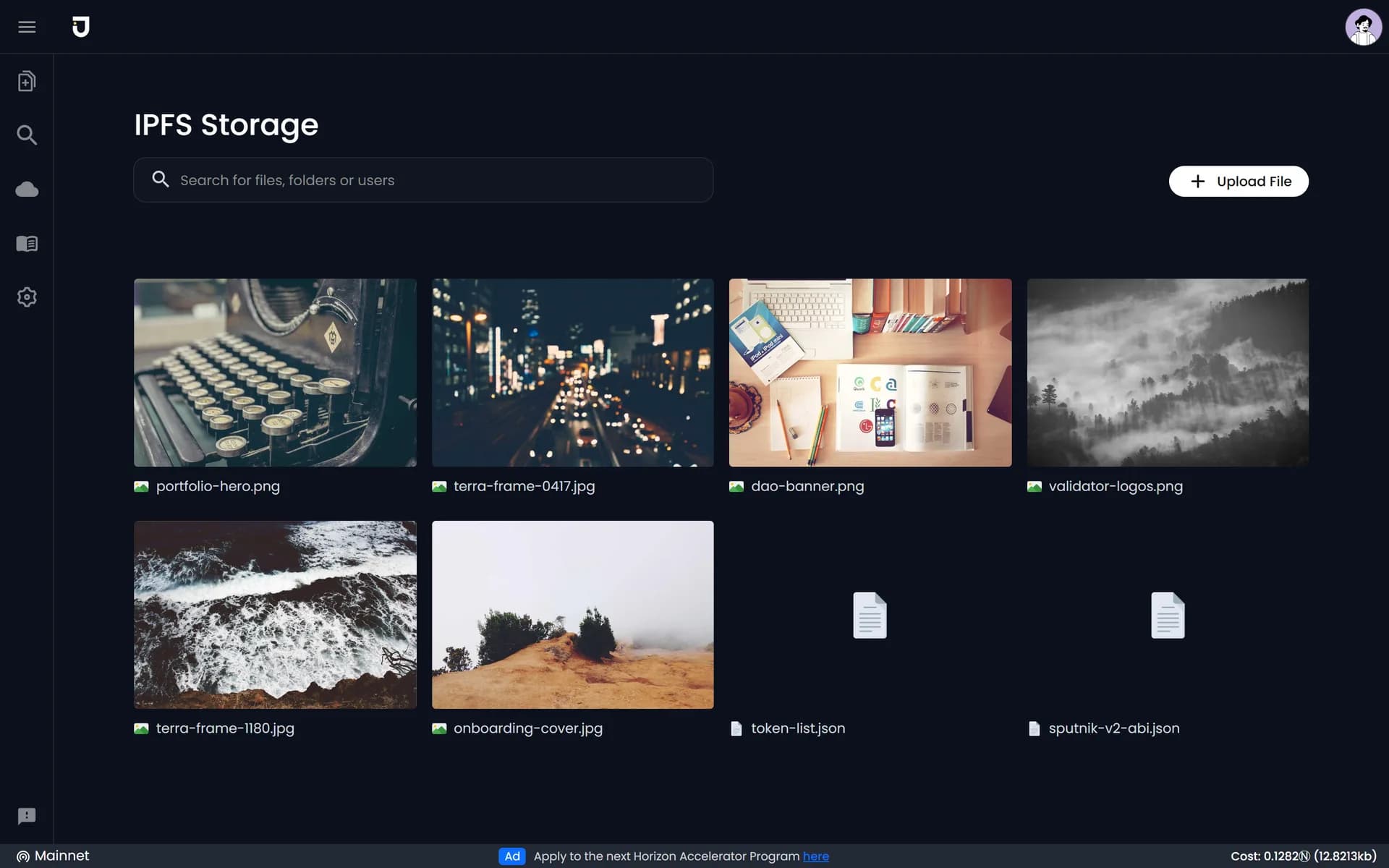 IPFS storage for a project's images and data files.