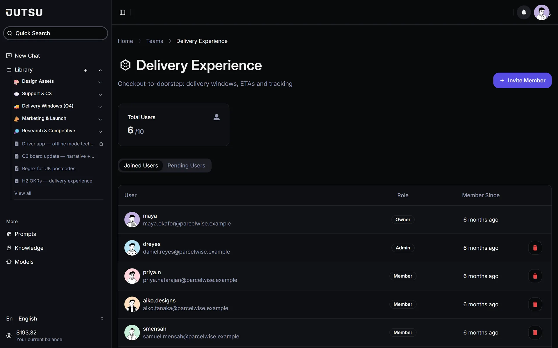 A team with its members and roles.