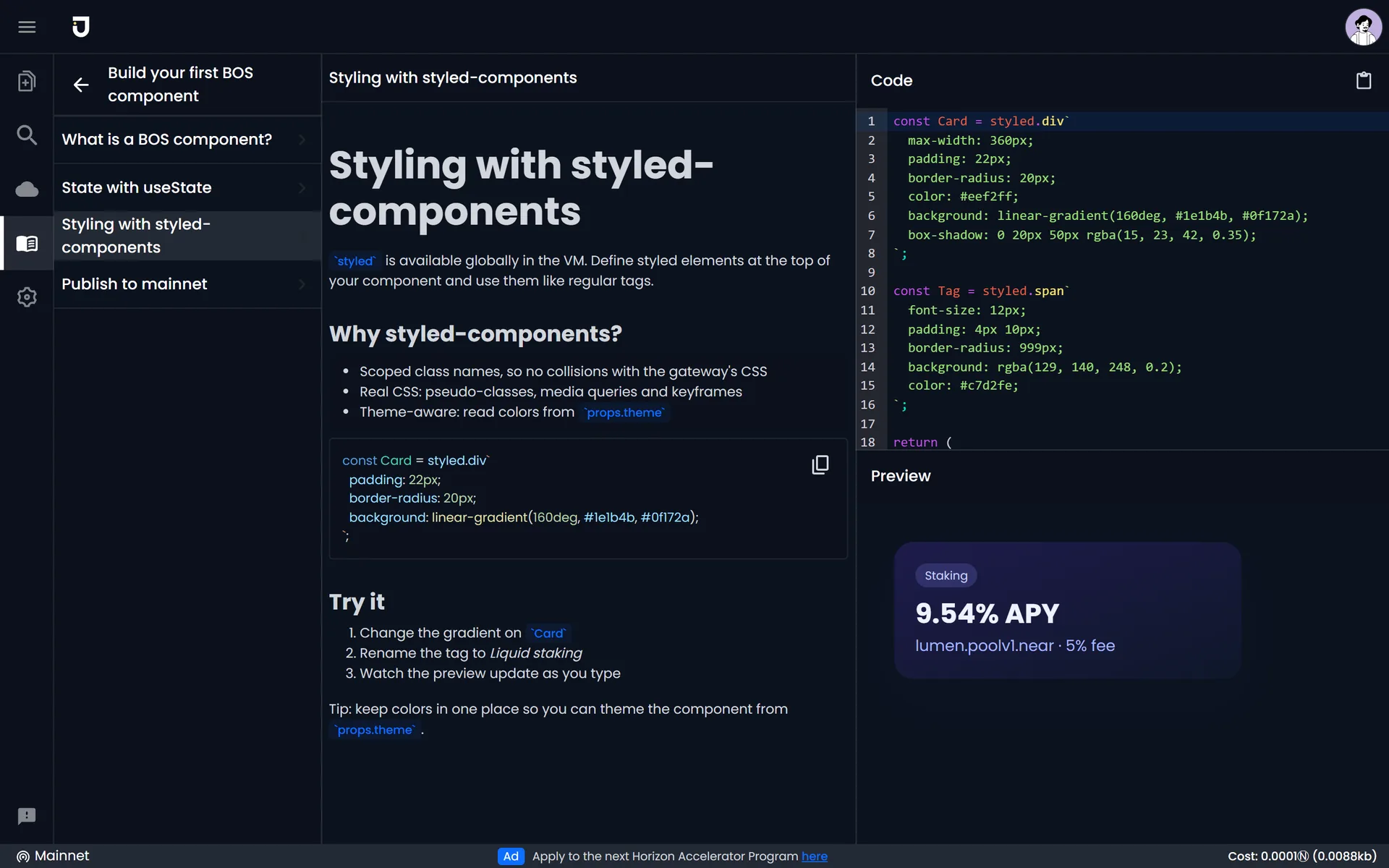 A tutorial lesson next to runnable code and its live preview.