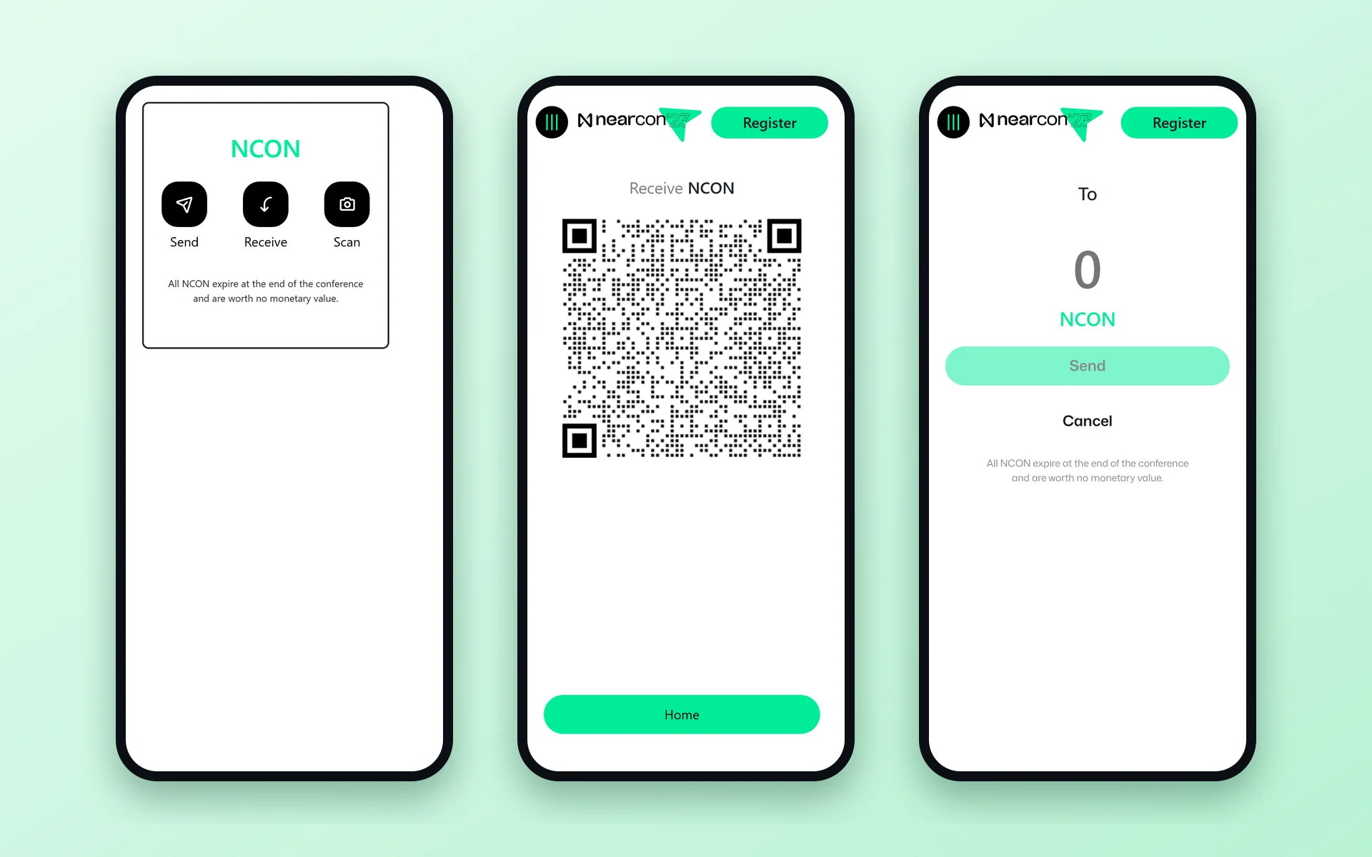 The NCON wallet: send, receive with a QR code, or scan to pay. Balances show zero because the event's API is no longer running.