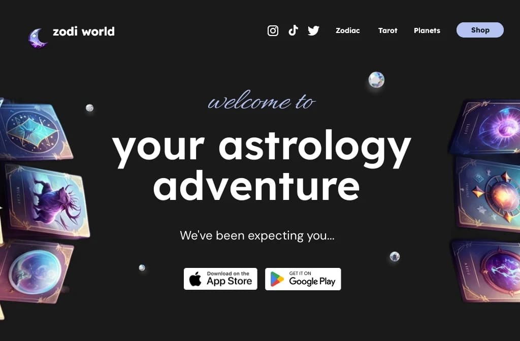 The zodi.world home page, which linked to the App Store and Google Play.
