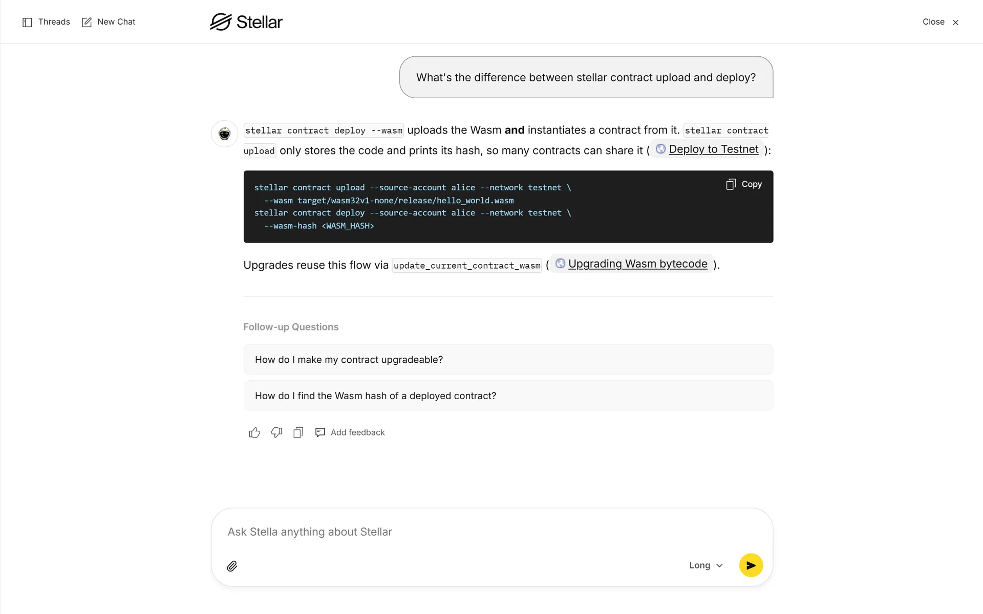 The Stella widget answering a CLI question with a code block, cited docs, follow-up questions and feedback buttons.
