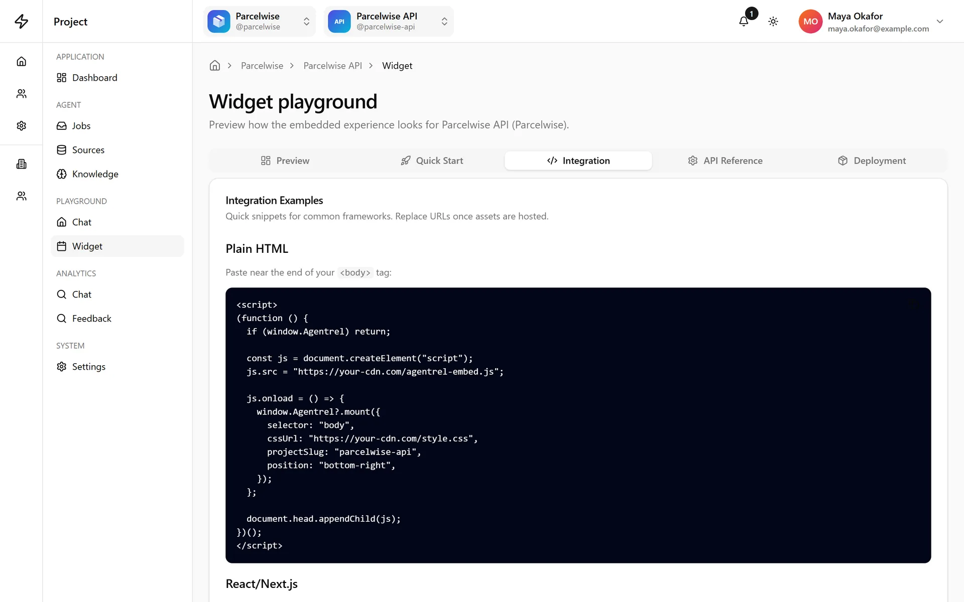 The widget playground's embed code for a plain HTML page.