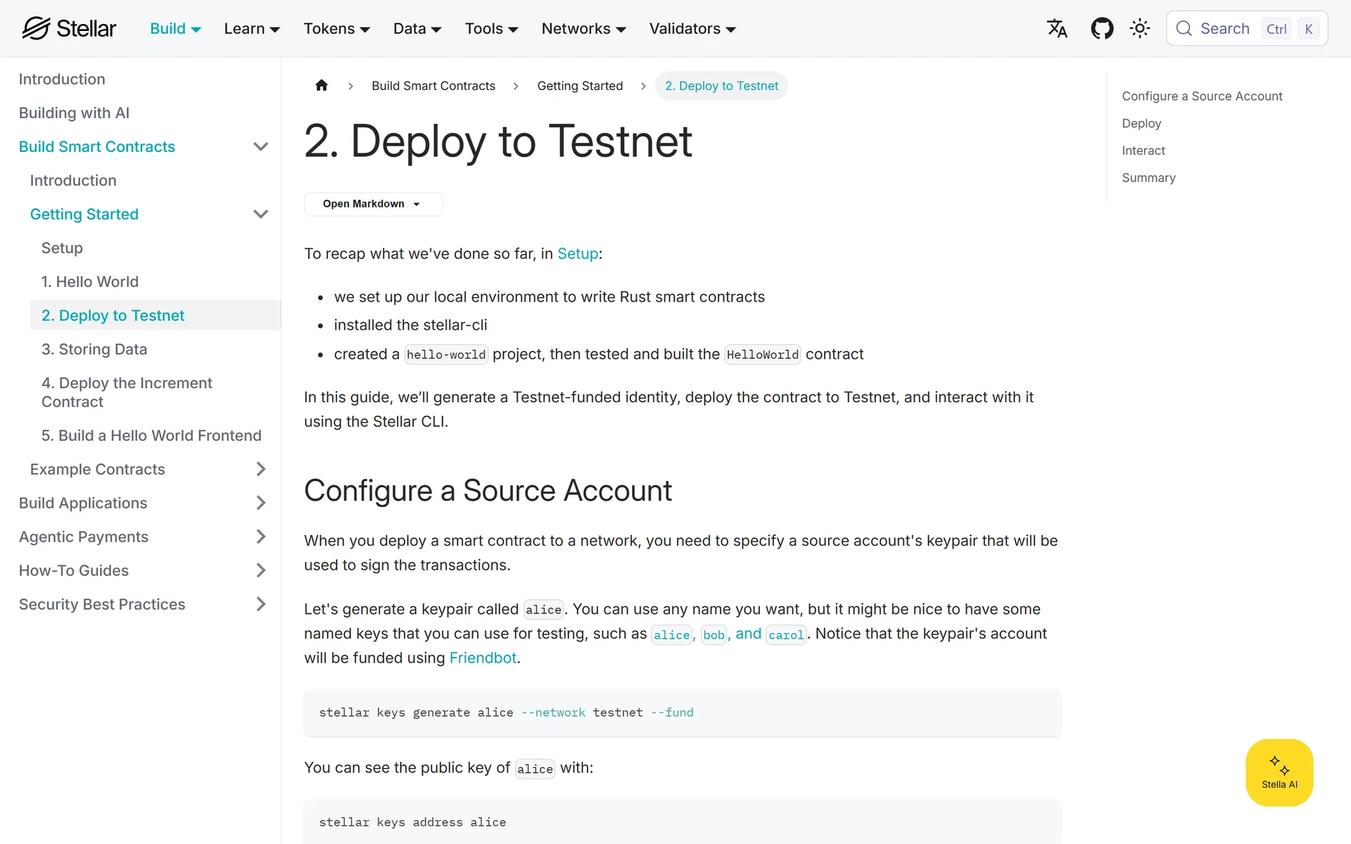 The yellow Stella launcher on a developers.stellar.org docs page.